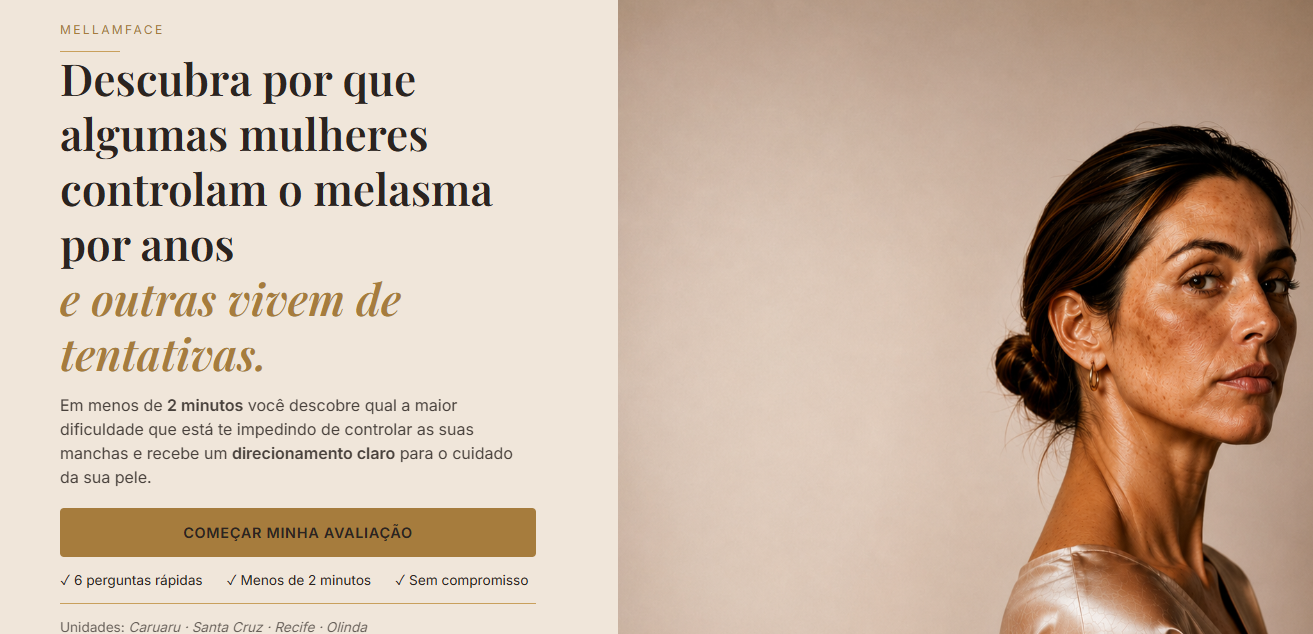 Tela do quiz da Mellamface mostrando o layout, logo e outros elementos de tela