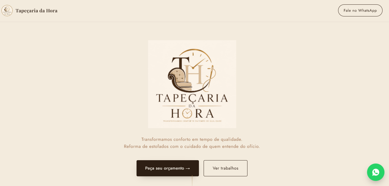 Tela do site Tapeçaria da Hora mostrando o layout, logo e outros elementos de tela